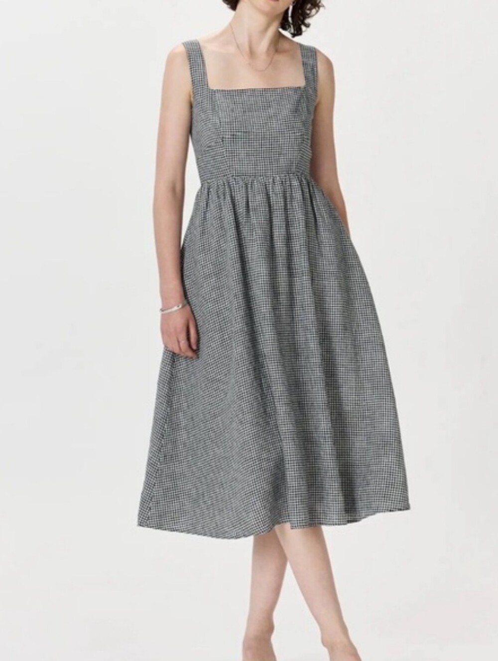 Quince European Linen Fit & Flare Midi Dress L Black Mini Gingham